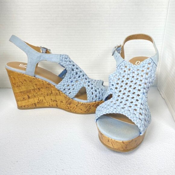 So by Kohl's Wedge Sandals size 9.5M blue, cork heel slingback open toe - Picture 3 of 6